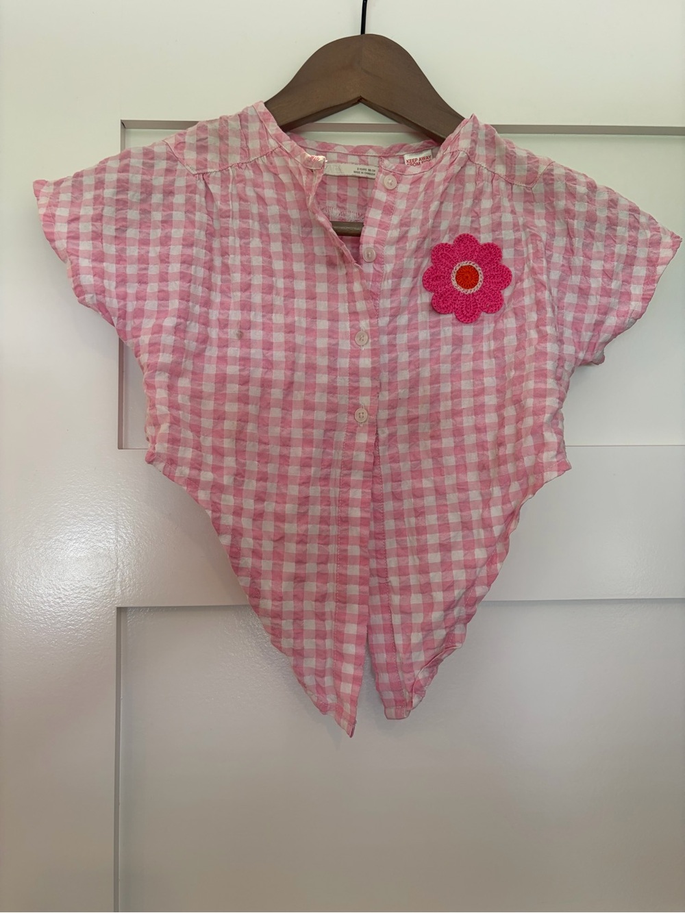 Zara Pink Gingham Button-Front Top with Crocheted Flower